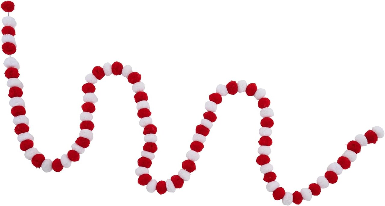 68" Red and White PomPom Garland with 1" Inch Pompoms for Christmas, Valentine's Day, Holidays, Parties, Special Events, Showers, Crafts, and Decorations